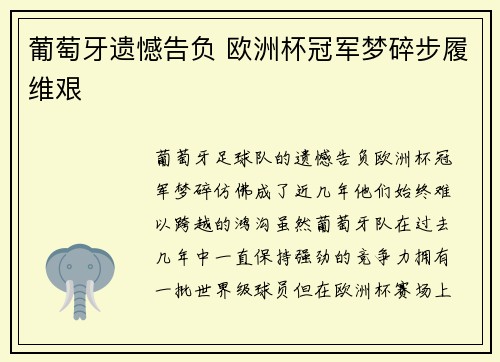 葡萄牙遗憾告负 欧洲杯冠军梦碎步履维艰